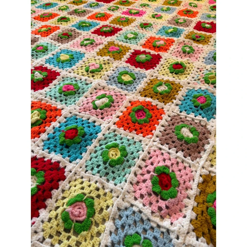 Crochet Granny Square Blanket Quilt Floral Retro Afghan Rainbow Throw Handmade